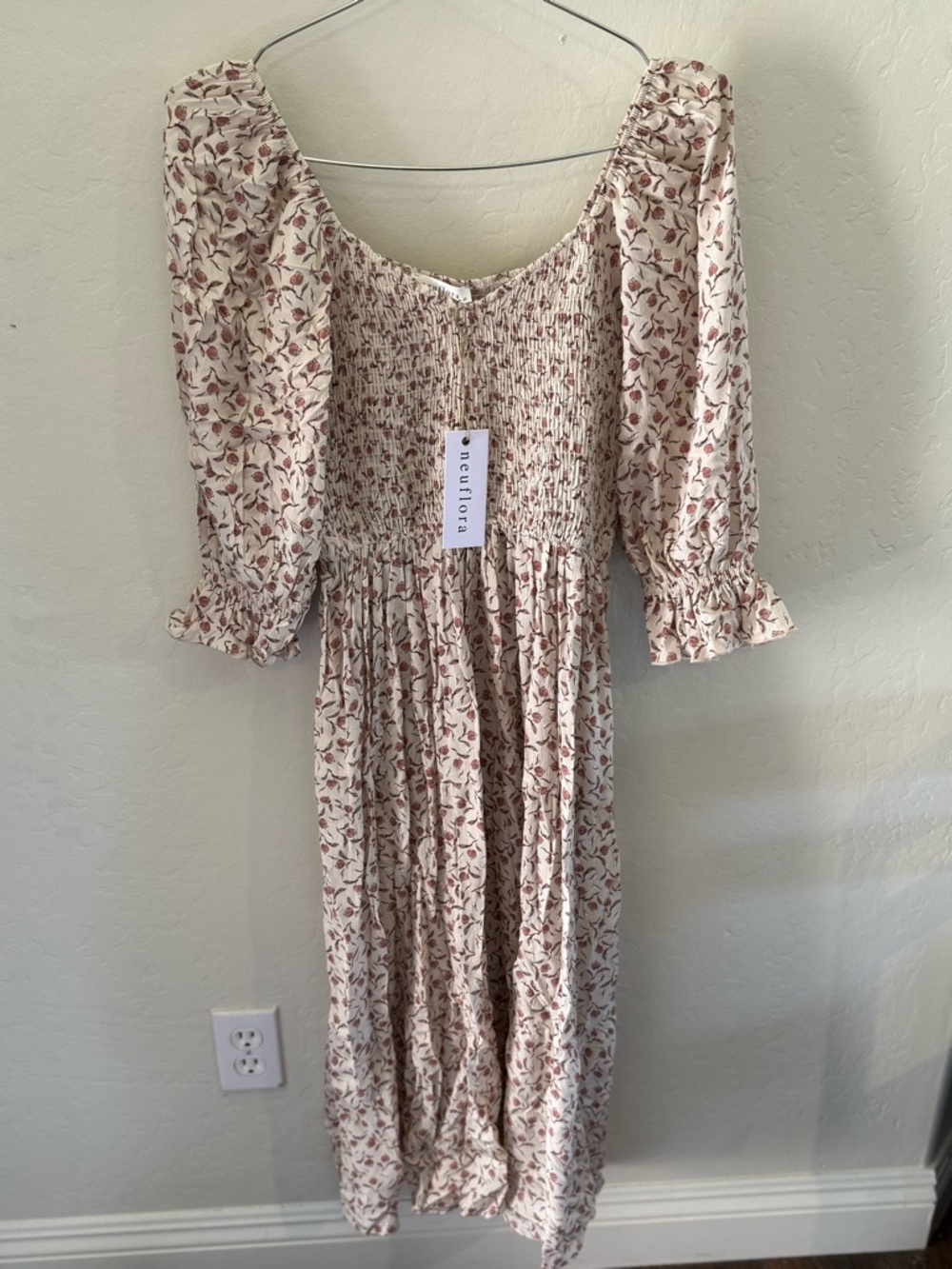Neuflora Cream Floral Smocked Midi Dress with Puff Sleeves